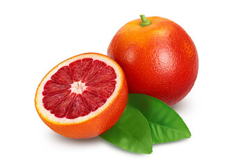 Blood red oranges with half isolated on white background with clipping path and full depth of field