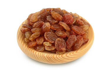 Brown raisins in wooden bowl isolated on white background with clipping path and full depth of field