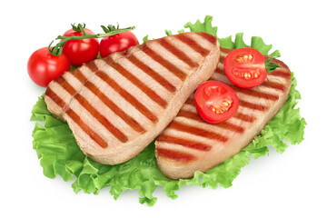 Tuna fish steak grilled isolated on white background with clipping path and full depth of field, Top view. Flat lay