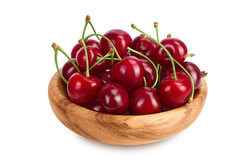 red sweet cherry in wooden bowl isolated on white background with clipping path and full depth of field
