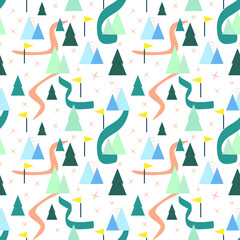 Scandinavian pattern. Trees background. Children room. Seamless pattern with trees, mountains, paths and flags. Mountain, landscape. Boy seamless pattern. 