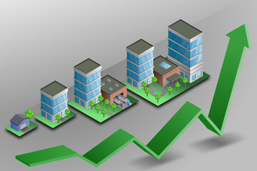 Illustrated business growth chart showing positive expansion from simple origins to a corporate giant