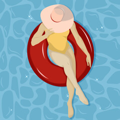 Młoda kobieta relaksująca się na w wodzie. Widok z góry szczupłej dziewczyny w stroju kąpielowym i kapeluszu na czerwonym dmuchanym kole w dużym basenie. Letnia wakacyjna ilustracja wektorowa. - obrazy, fototapety, plakaty
