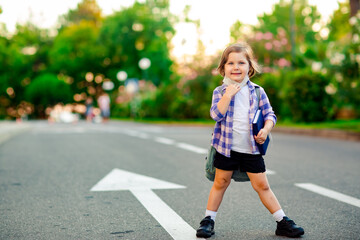 a schoolgirl is standing on the road in a plaid shirt and a medical mask, with a school backpack and a diary in her hands