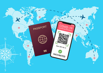 world map with smartphone and health certificate, passport world map, immunity pass with map