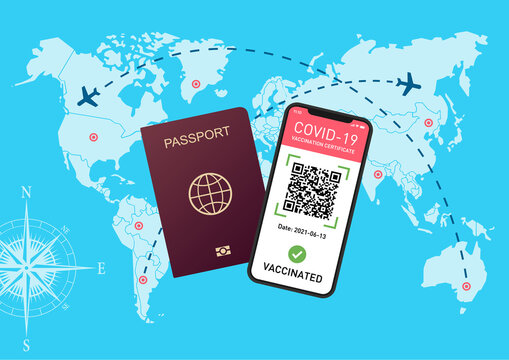 world map with smartphone and health certificate, passport world map, immunity pass with map