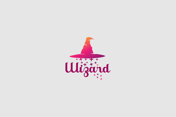 Wizard hat icon logo vector design illustration with stars and blink, witch classic Halloween hat