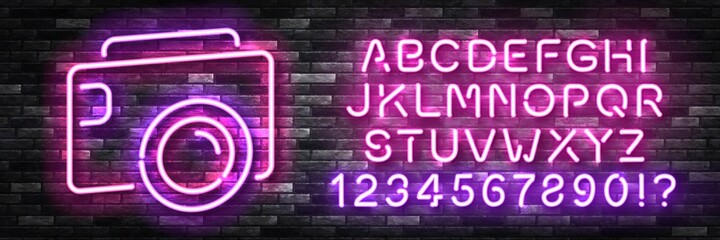 Obraz premium Vector realistic isolated neon sign of Camera logo with easy to change color alphabet font for decoration and template covering on the wall background.