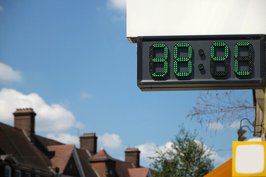 A digital thermometer in London showing the temperatures during the UK heat wave. It reads 38  &deg;C (degree Celsius).