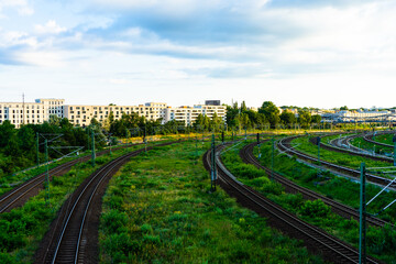 Fototapeta na wymiar Tracks in Berlin with Apartments in the background