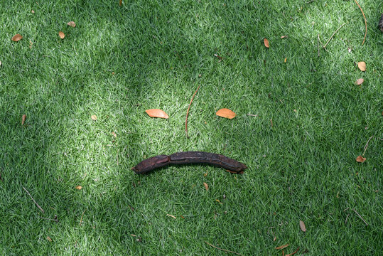 Emotions concept. Depression faces on the artificial grass background, top view