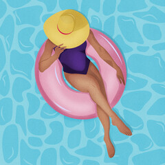Młoda kobieta relaksująca się na w wodzie. Widok z góry szczupłej dziewczyny w stroju kąpielowym i kapeluszu na różowym dmuchanym kole w dużym basenie. Letnia wakacyjna ilustracja wektorowa.