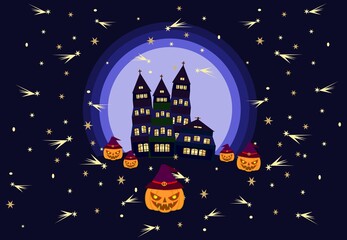 Halloween, witch's castle, ghosts, scary pumpkins at night in the light of the moon and stars, color illustration for holiday decoration