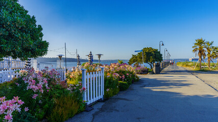 Colorful garden at entrance to Dundarave Park, BC, and starting point for sea walk to Ambleside, BC - summer morning
