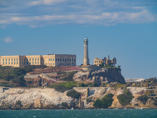 Sunny view of the Alcatraz Island and San Francisco Bay