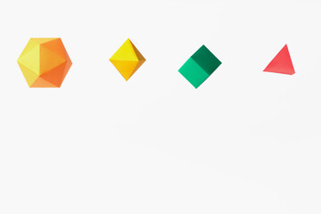 Platonic Solids in 3 dimensions, icosahedron, octahedron, hexahedron, and tetrahedron
