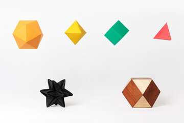 Platonic solids, archimedean solid and kepler solid in 3 dimensions on white background