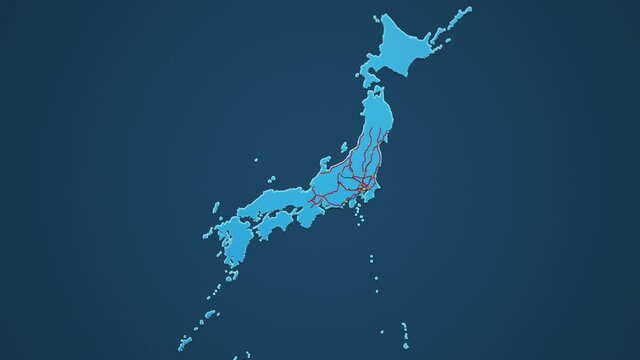 Light blue map of Japan with cities, roads and railways on a dark blue background. 4K Animation with alpha channel