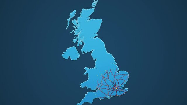 Light blue map of United Kingdom with cities, roads and railways on a dark blue background. 4K Animation with alpha channel