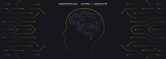 Vector illustration of a brain in the form of a computer microcircuit. Concept, artificial intelligence, high technologies of the future. Design template for web banner and social media. Copy space