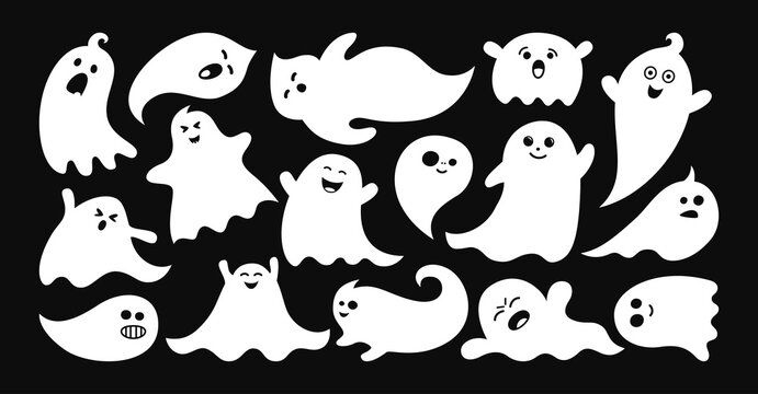 Ghost spook horror silhouette set. Halloween apparition simple cute and scary ghostly monsters. Funny cutes pooky character design. Fly phantom spirit festive element. Party celebrate vector