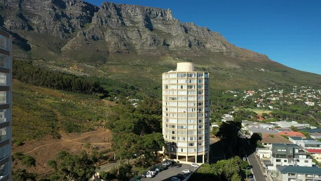Famous Tower Structures Of Disa Park At The Slope Of Table Mountain In Vredehoek, Cape Town, South Africa. ascending drone shot