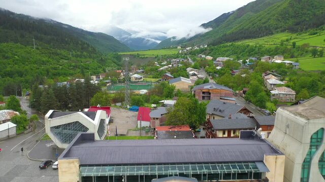 Mestia highland townlet in northwest Georgia, Caucasus Mountains, 4K aerial view