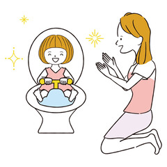 手書き線画カラーイラスト　トイレトレーニング成功　ママと女の子