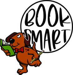 book smart dog with textbook
