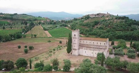 Abbazia di Sant'Antimo aerial views. Castelnuovo dell'Abate. Tuscany. Italy.