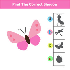 Find The Correct Shadow Game Butterfly Cartoon Illustration Vector