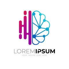 Brain logo and technology design combination, line style