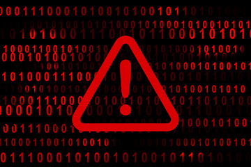 alert warning sign with digital binary code in the background. Exclamation mark. Hacker, ransomware malware, ddos attack cyber incident cybersecurity systems vulnerability malicious encryption concept - obrazy, fototapety, plakaty