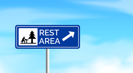 rest area blue road sign on sky bakground vector illustration