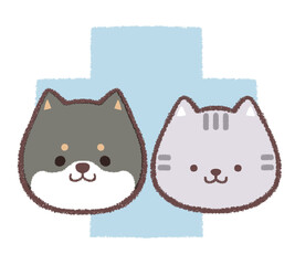 黒柴犬とネコと病院マーク