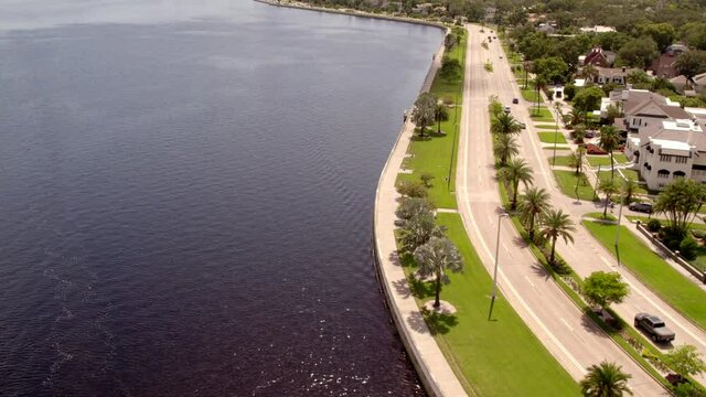 Aerial video Bayshore Blvd reveal Hyde Park luxury homes Tampa FL USA