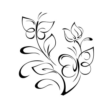 butterfly 12. two stylized butterflies on a branch with a flower bud with leaves and curls