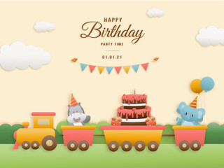 Cute animals on train birthday greeting card. jungle animals celebrate children's birthdays and template invitation paper and papercraft style vector illustration. Theme happy birthday.