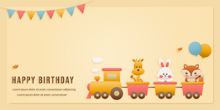 Cute animals on train birthday greeting card. jungle animals celebrate children's birthdays and template invitation paper and papercraft style vector illustration. Theme happy birthday.