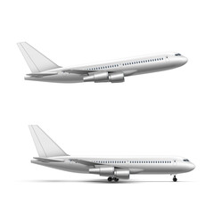 Flying and standing airplane, jet aircraft or airliner side view. Detailed passenger air plane on white background.