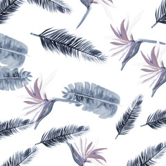 Azure Pattern Palm. Indigo Tropical Illustration. White Floral Leaves. Gray Flora Foliage. Blue Decoration Background. Cobalt Wallpaper Textile. Navy Spring Art.