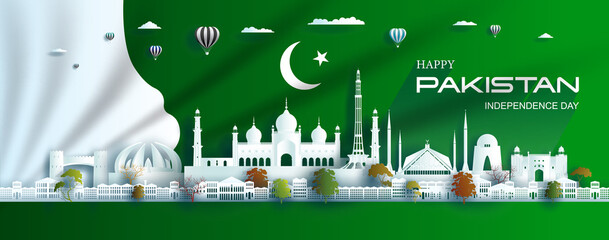Illustration Anniversary celebration pakistan day with green flag background. - obrazy, fototapety, plakaty