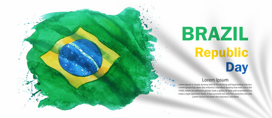 Watercolor painting Brazil flag independence day greeting card.