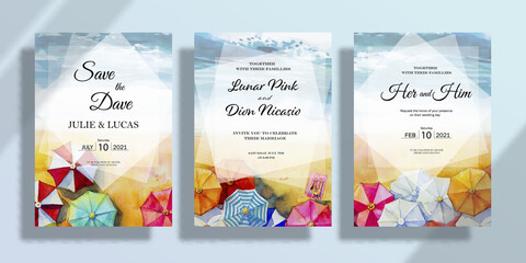 Happy wedding invitation card set with watercolor umbrella seascape paintings.