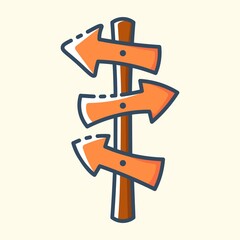 Directional wooden arrows colored icon. Concept of travel, summer vacation and rest. Vector stylish outline flat illustrations on yellow background.