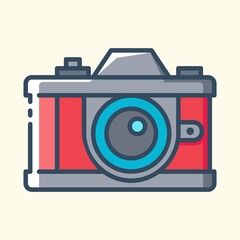 Photo camera colored icon. Concept of travel, summer vacation and rest. Vector stylish outline flat illustrations on yellow background.