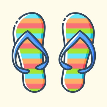Pair of striped beach flip-flops colored icon. Concept of travel, summer vacation and rest. Vector stylish outline flat illustrations on yellow background.