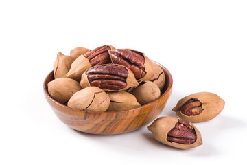  Heap or stack of pecan on white background.