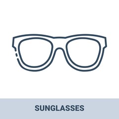 Fototapeta premium Sunglasses outline monochrome icon with title. Concept of travel, summer vacation and rest. Vector monochrome illustrations isolated on white background.