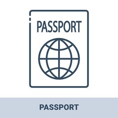 Passport outline monochrome icon with title. Concept of travel, summer vacation and rest. Vector monochrome illustrations isolated on white background.